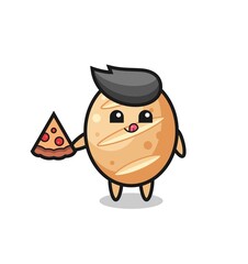 cute french bread cartoon eating pizza