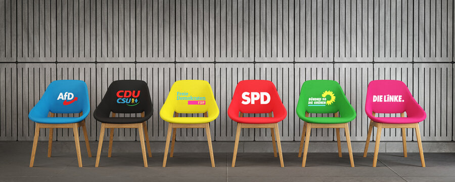 Guilherand-Granges, France - September 18, 2021. German Federal election 2021. Chairs in different colors of German parties. Deutsche Bundestagswahl 2021. Election or vote concept. 3D rendering.
