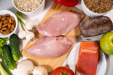 Many different ingredients to prepare the perfect dinner for a balanced diet. A healthy diet. Close-up, svehu view.
