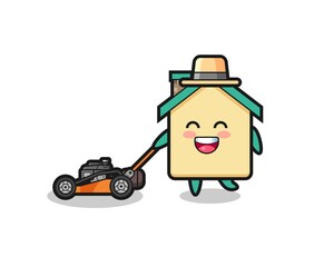 illustration of the house character using lawn mower