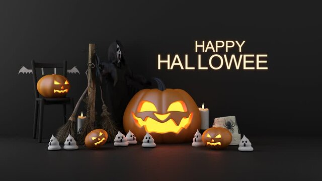 Halloween with glowing pumpkin heads, witch brooms, bats and ghost masks surrounded by spiders and candles in a dark black background. with glowing letters  3d render animation stop motion loop