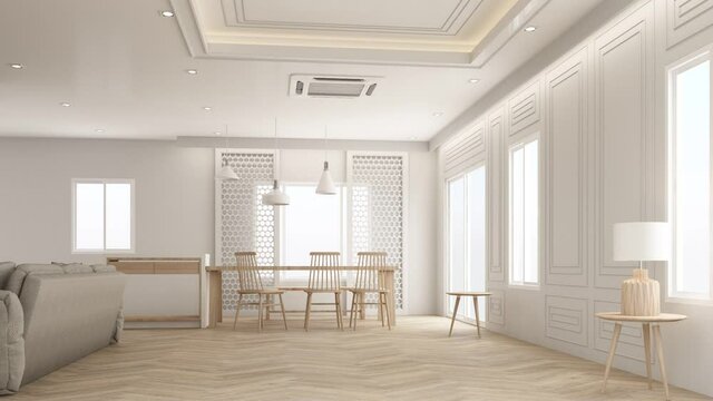 building up interior classic style of living room with wood floor ,gray sofa, coffee table, stool fabric on carpet with table lamp and feature walls slide blind partition window 3d render animation