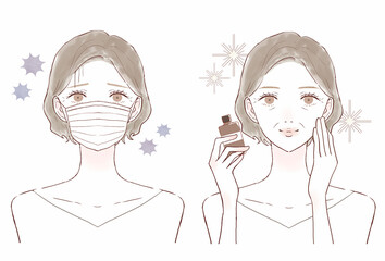 サプリ（瓶に入っているタイプ）を持つ中年女性のビフォーアフター