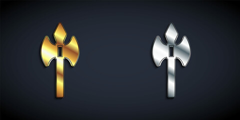 Gold and silver Medieval axe icon isolated on black background. Battle axe, executioner axe. Medieval weapon. Long shadow style. Vector