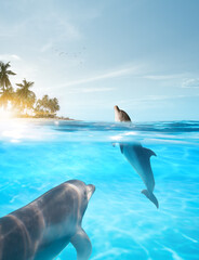 view of nice bottle nose dolphin  swimming in blue crystal water