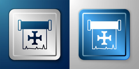 White Crusade icon isolated on blue and grey background. Silver and blue square button. Vector