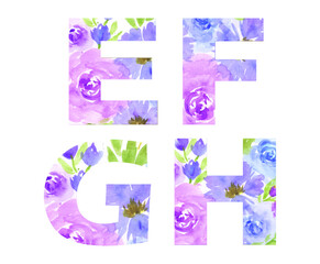 Capital English letters set,Letter EFGH. Vector watercolor alphabet, digital brush strokes, flowers paint patterns.