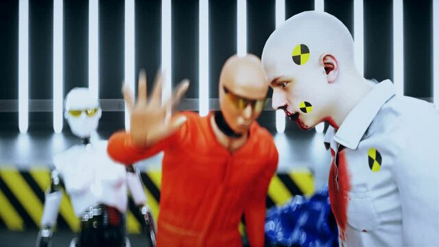 Robot crash test dummy and man. Future concept. Realistic 4k animation.