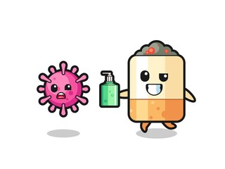 Fototapeta premium illustration of cigarette character chasing evil virus with hand sanitizer