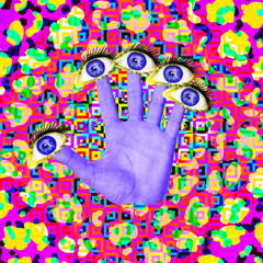 Contemporary minimal art collage. Hand and surreal eyes. Psychology, esoterics, emotion concept