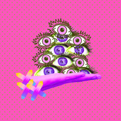 Contemporary minimal art collage. Hand and surreal eyes. Psychology, emotion, Social media life...
