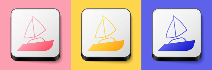 Isometric Yacht sailboat or sailing ship icon isolated on pink, yellow and blue background. Sail boat marine cruise travel. Square button. Vector