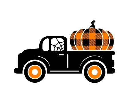 recommend clip art: Halloween truck  silhouette with buffalo plaid orange pumpkin. Automobile with autumn harvest isolated on white background. Vector flat illustration. Design for banner, poster, sale, greeting card