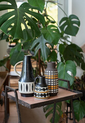 Mid-century modern ceramic vases on a wooden table, in the background philodondendron and window, interior