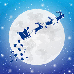 Obraz na płótnie Canvas Santa claus on sleigh full of gifts and his reindeer. Santa drops christmas presents. Happy new year decoration. Merry christmas holiday. New year and xmas celebration. Silhouette vector illustration