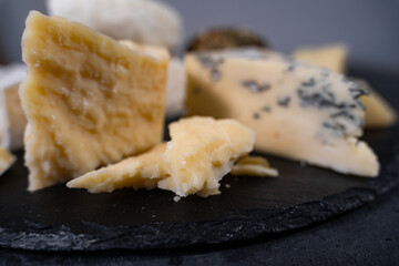 Parmesan and gorgonzola are on a black wooden plate. Tasting of delicious cheeses. Fermented milk products. Close-up.
