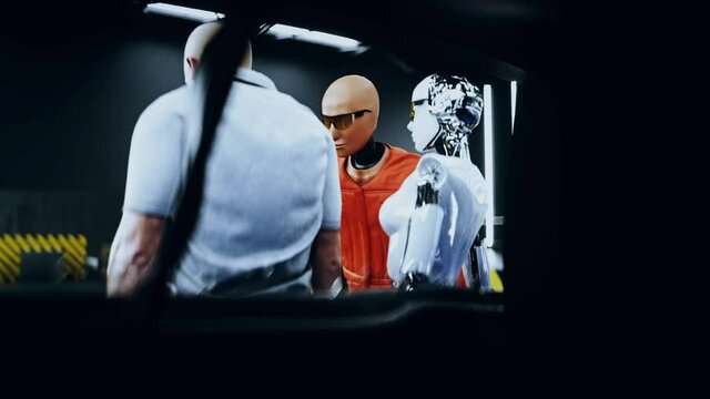 Robot crash test dummy and man. Future concept. Realistic 4k animation.