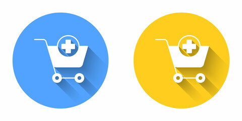 White Add to Shopping cart icon isolated with long shadow background. Online buying concept. Delivery service sign. Supermarket basket symbol. Circle button. Vector