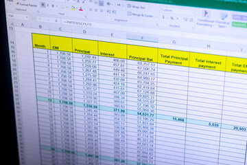 Shot of an excel sheet on computer screen showing bank loan amortization table. Accounting