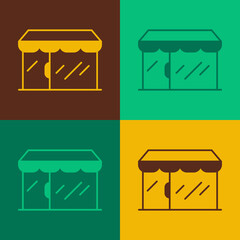 Pop art Shopping building or market store icon isolated on color background. Shop construction. Vector