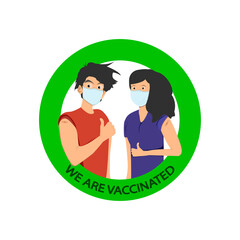 The guy and the girl in a mask show a finger uphill. We are vaccinated. Badge.