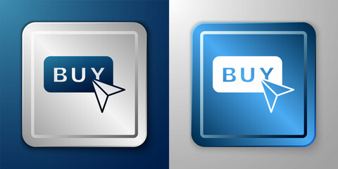 White Buy button icon isolated on blue and grey background. Silver and blue square button. Vector