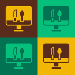 Pop art Online ordering and fast food delivery icon isolated on color background. Vector