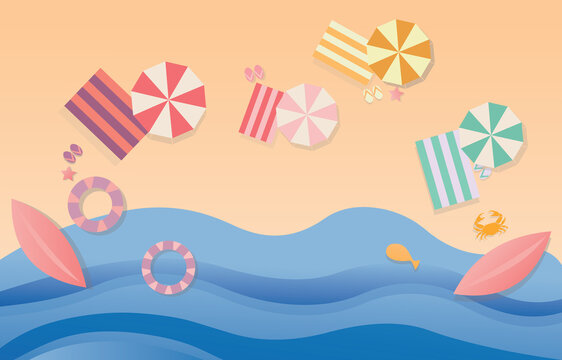 Top View Beach Background With Umbrellas. Vector Eps 10