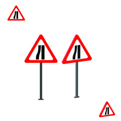Road Narrows On The left traffic sign with 3d view. traffic signs and rules