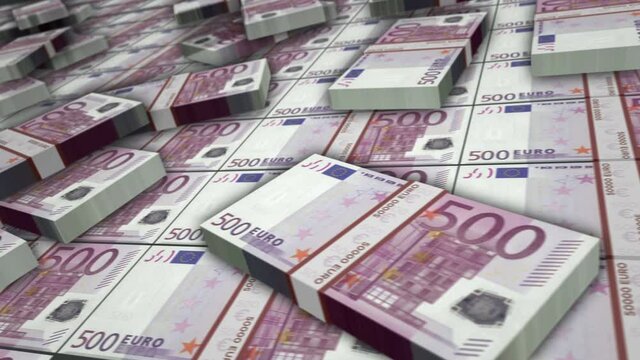 Euro banknote bundle loop. 500 EUR money stacks. Concept of crisis, banking, business, success, economy, bank, debt and finance in Europe. Camera over cash packs. Loopable seamless 3d animation.