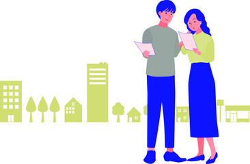 資料を見ながら物件を比較検討するカップルのイラスト