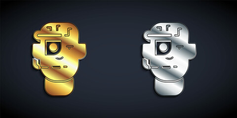 Gold and silver Smart glasses mounted on spectacles icon isolated on black background. Wearable electronics smart glasses with camera and display. Long shadow style. Vector