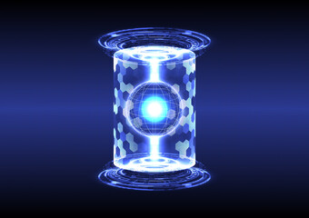 Portal and hologram science futuristic. placeholder and space. Sci-fi digital hi-tech in glowing HUD projector. Magic gate in game fantasy. Circle teleport podium. GUI and UI virtual reality