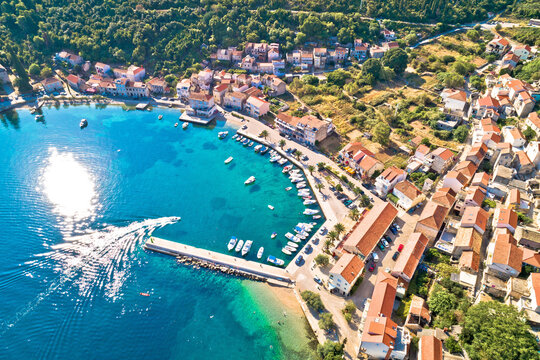 Idyllic coastal village of Racisce on Korcula island aerial view