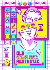 Nostalgia user interface with mythology acid ancient sculpture among windows boxes, desktop pc elements. Nostalgia for 90's, psychedelic colors.Illustration in cosmic style.