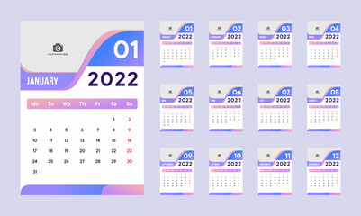 modern calendar design template 2022 year, simple minimal calendar blue color vector concept, even planner