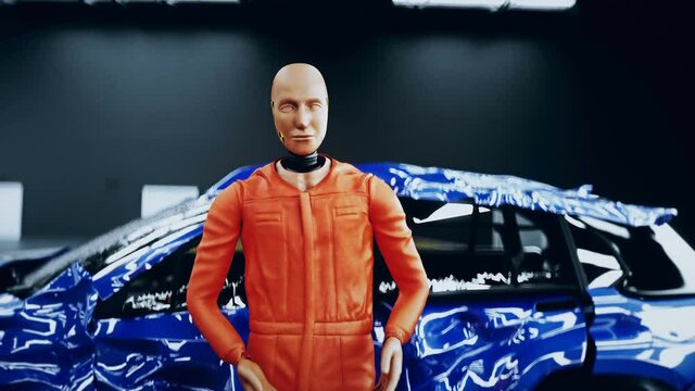 Robot crash test dummy speaking near car crash test. Future concept. Realistic 4k animation.
