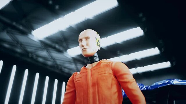 Robot crash test dummy speaking near car crash test. Future concept. Realistic 4k animation.