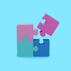 Jigsaw puzzle in action. Symbol of team work, strategy, solution, connection. Business concept. 3D render illustration, with clipping path.