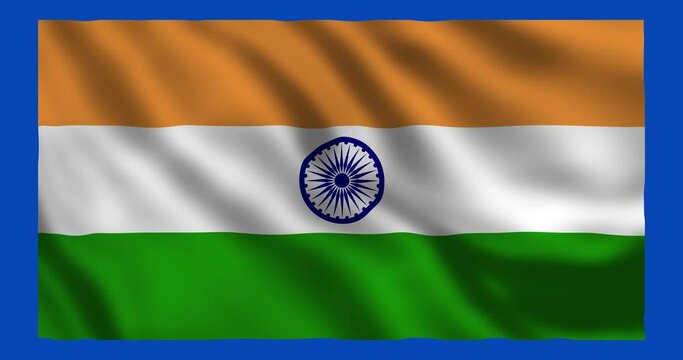 Indian Flag Waving In Wind.The National Flag is a horizontal tricolour of India saffron, white and green bands are equally sized. with Ashoka Chakra in middle. blue chroma key