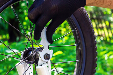 Bicycle wheel repair. A cyclist in work gloves spins the wheel. The wrench tightens the nut on the...