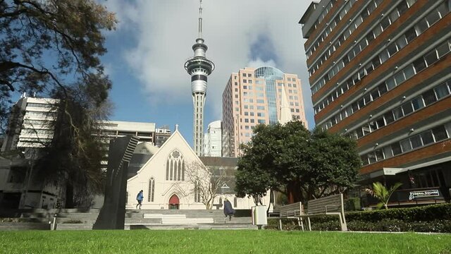 Auckland, New Zealand, 7th of August 2021 - Sky Tower and street view in Auckland CBD