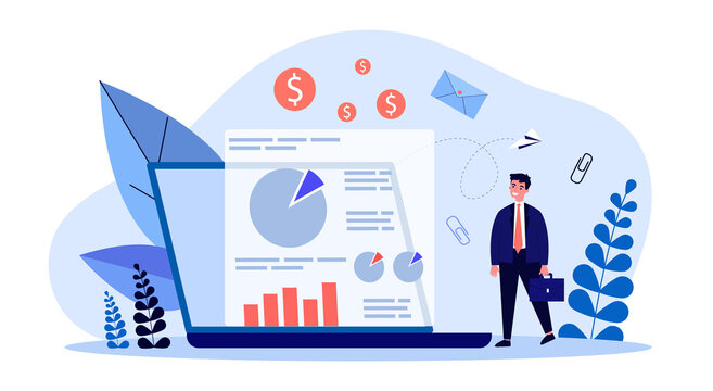 Tiny businessman with briefcase next to marketing analytics. Man looking at business analysis flat vector illustration. Management, strategy concept for banner, website design or landing web page