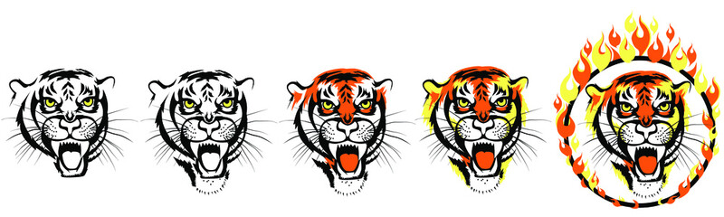 Tiger Face set. Tiger head through Flaming Hoop. Predator jump through ring of fire. Sketch. Vector illustration.