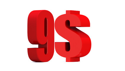 9 dollar word on white background. 3d illustration