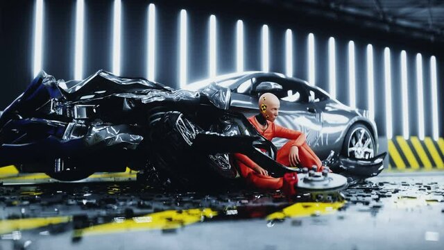 Robot crash test dummy sitting near destroyed car crash test. Future concept. Realistic 4k animation.