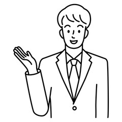 Upper body of a young man in a suit raising his right hand (line)