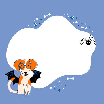 Halloween banner. Vector illustration of dog with blot frame in simple cartoon style. Template with cute character for your text or photo. Ideal for cards, invitations, party, preschool, baby nursery.