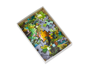 Box with puzzles on a white background. Children's puzzle. Isolate on white.