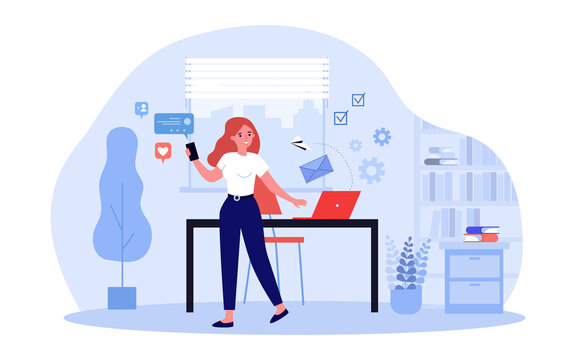 Female social media manager sending messages in office. Busy woman texting from phone flat vector illustration. Communication, marketing concept for banner, website design or landing web page